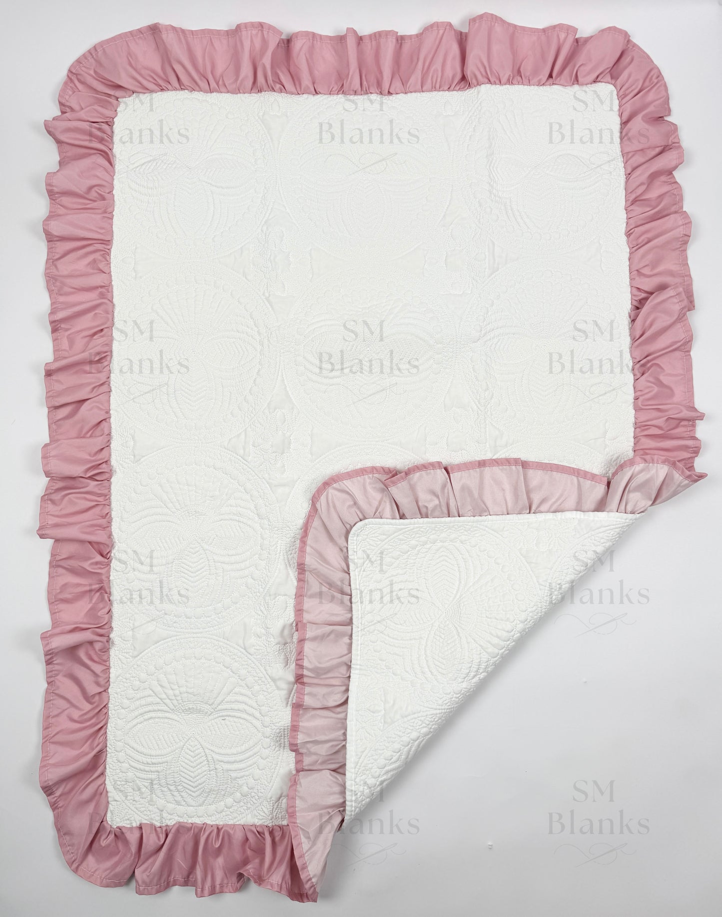 White w/ Mauve Ruffle Baby Heirloom Quilt