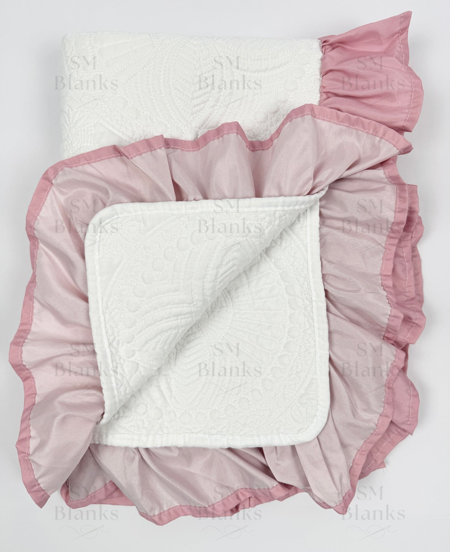 White w/ Mauve Ruffle Baby Heirloom Quilt