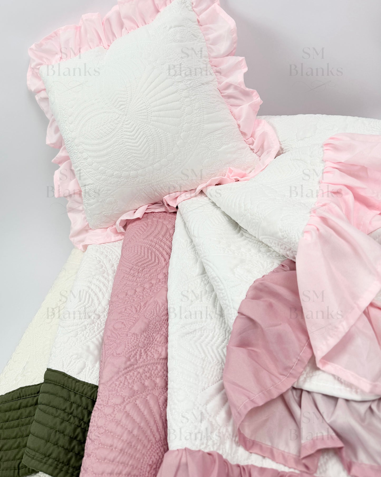 White w/ Light Pink Ruffle Heirloom Pillow Sham