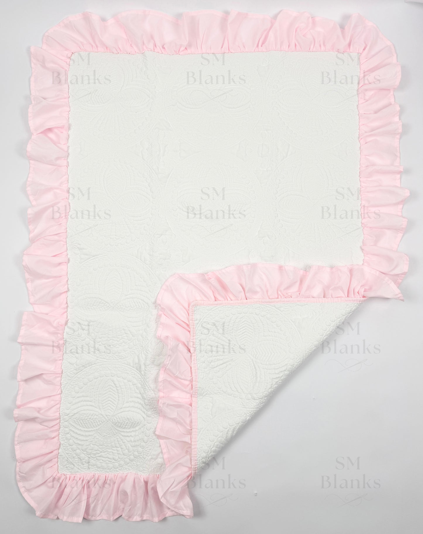 White w/ Light Pink Ruffle Baby Heirloom Quilt