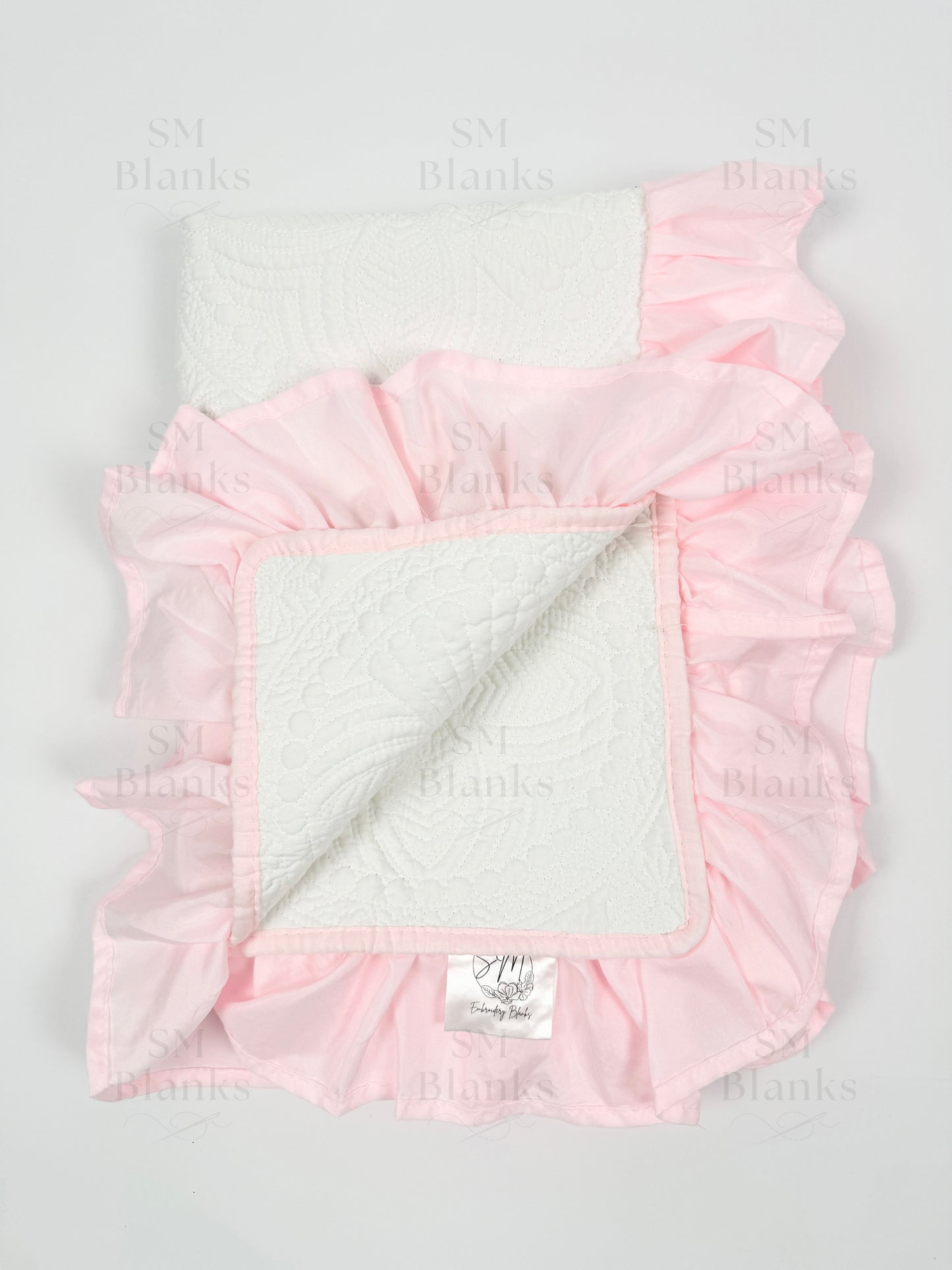White w/ Light Pink Ruffle Baby Heirloom Quilt