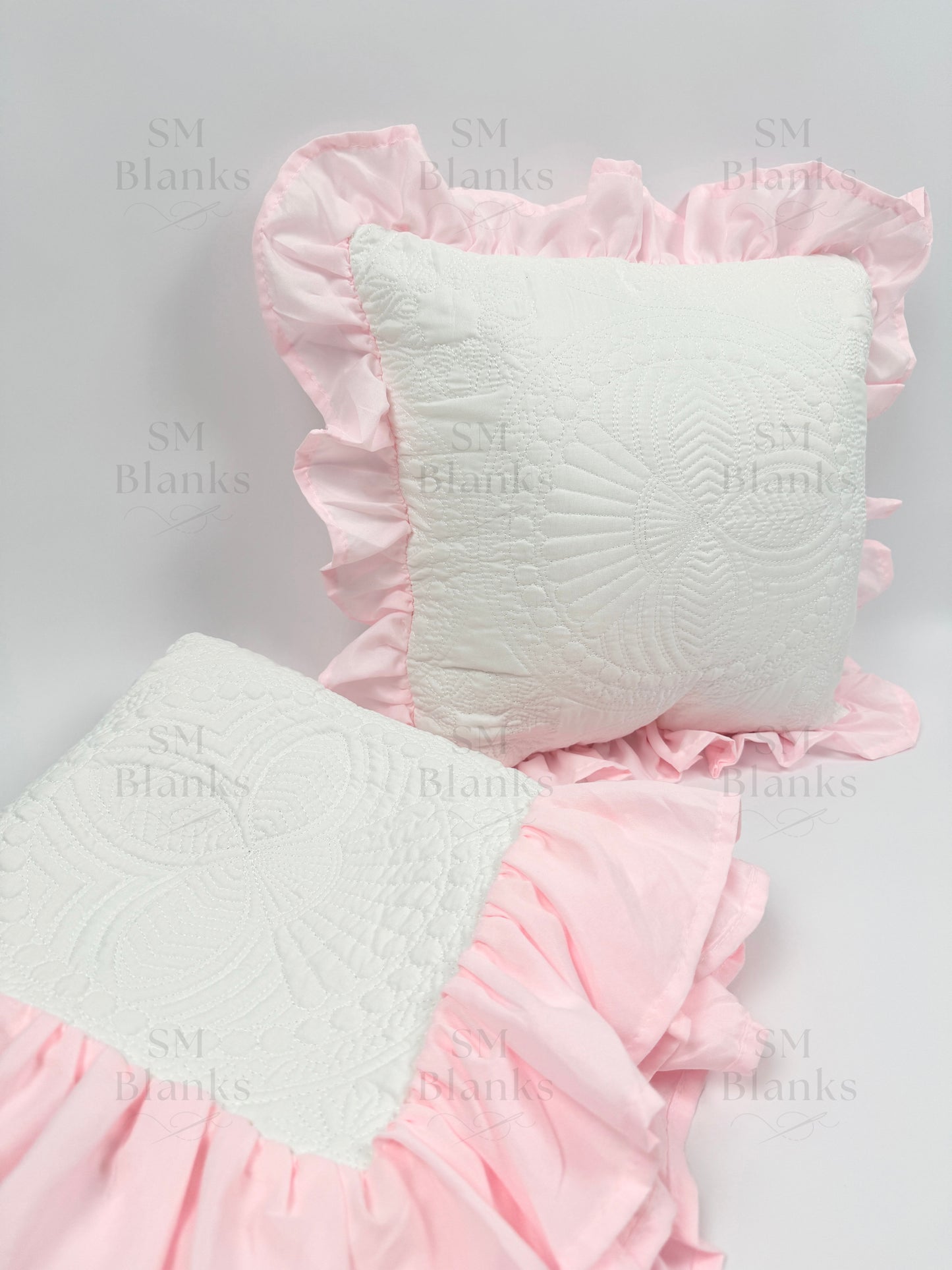 White w/ Light Pink Ruffle Baby Heirloom Quilt